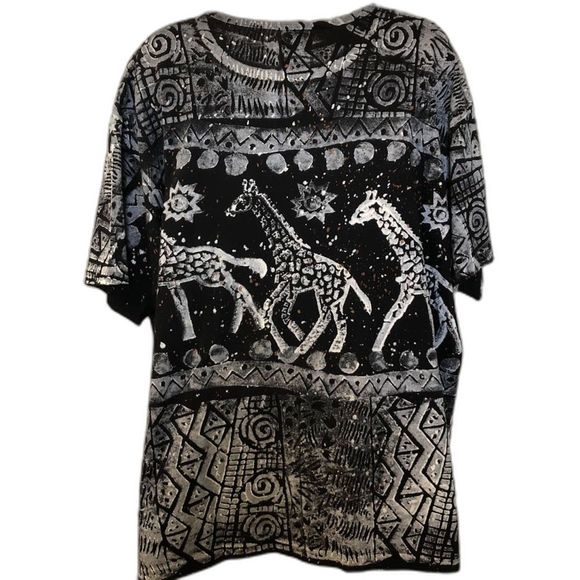 Vintage 1990s EZL Women's Black Painted Mayan Aztec Style Top and Pants Set - Picture 6 of 12